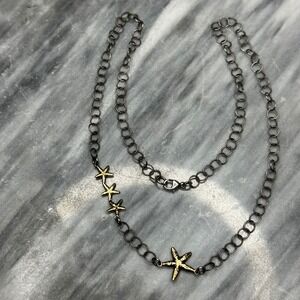Sterling Silver 925 Starfish Necklace Gold Accents Oxidized Rolo Chain 18"